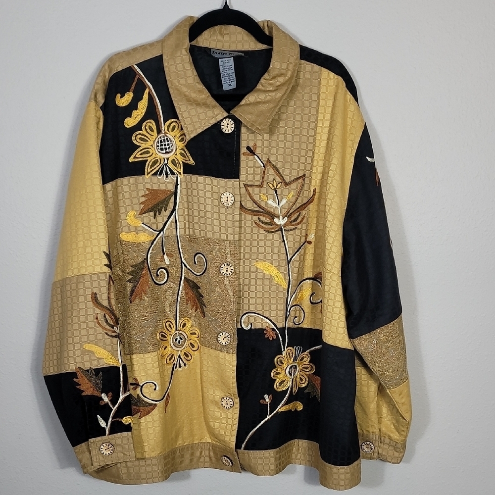 Vintage Indigo Moon Patchwork Embroidered Jacket Size 3X Shacket Artsy Floral